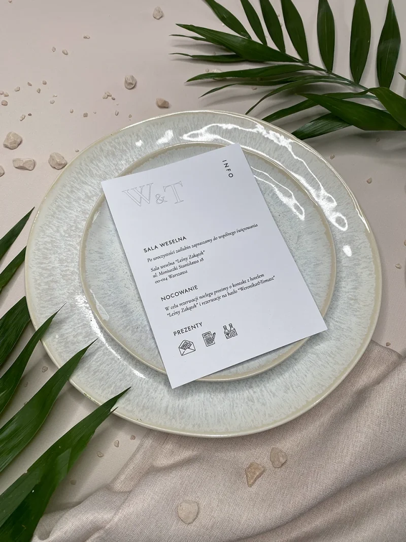 Zaproszenie ślubne minimalistyczne szaro-beżowe ze złotym spinaczem zdjęcie 4